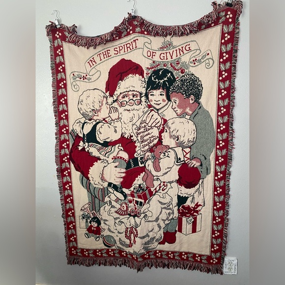 Vintage Christmas Large Throw Blanket Santa In The Spirit of Giving 64x46” - Picture 1 of 5